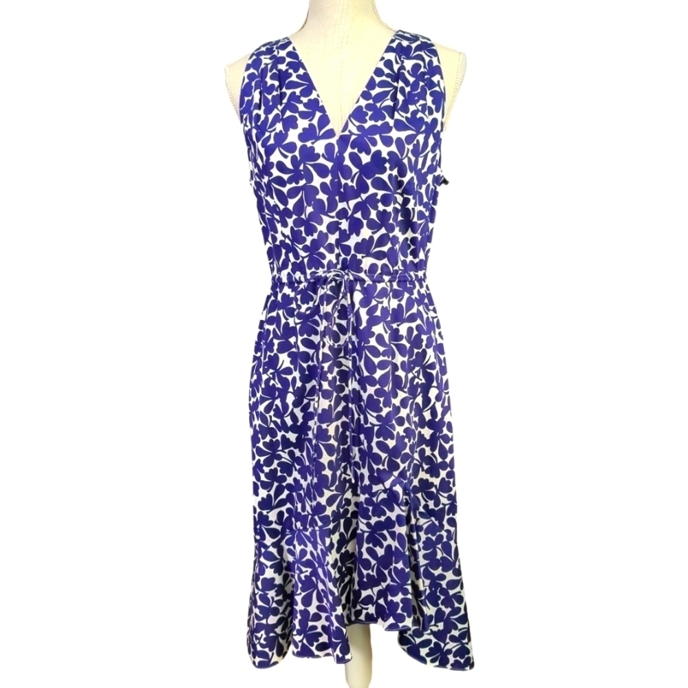 ADRIANNA Papell Floral Navy & White Sleeveless Drawstring Ruffle Dress sz10